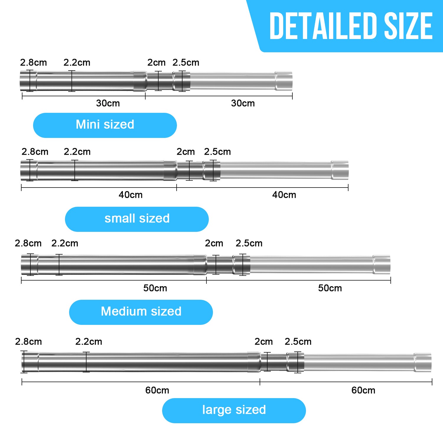 WAENLIR 31cm-52cm Extendable Stainless Steel Wardrobe Rail, Adjustable Clothes Rail Pole With End Sockets