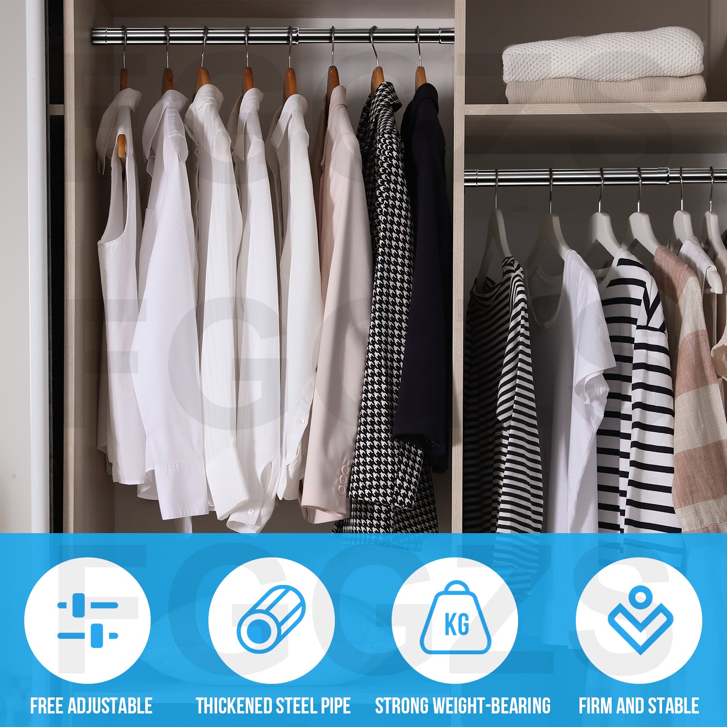 WAENLIR 31cm-52cm Extendable Stainless Steel Wardrobe Rail, Adjustable Clothes Rail Pole With End Sockets